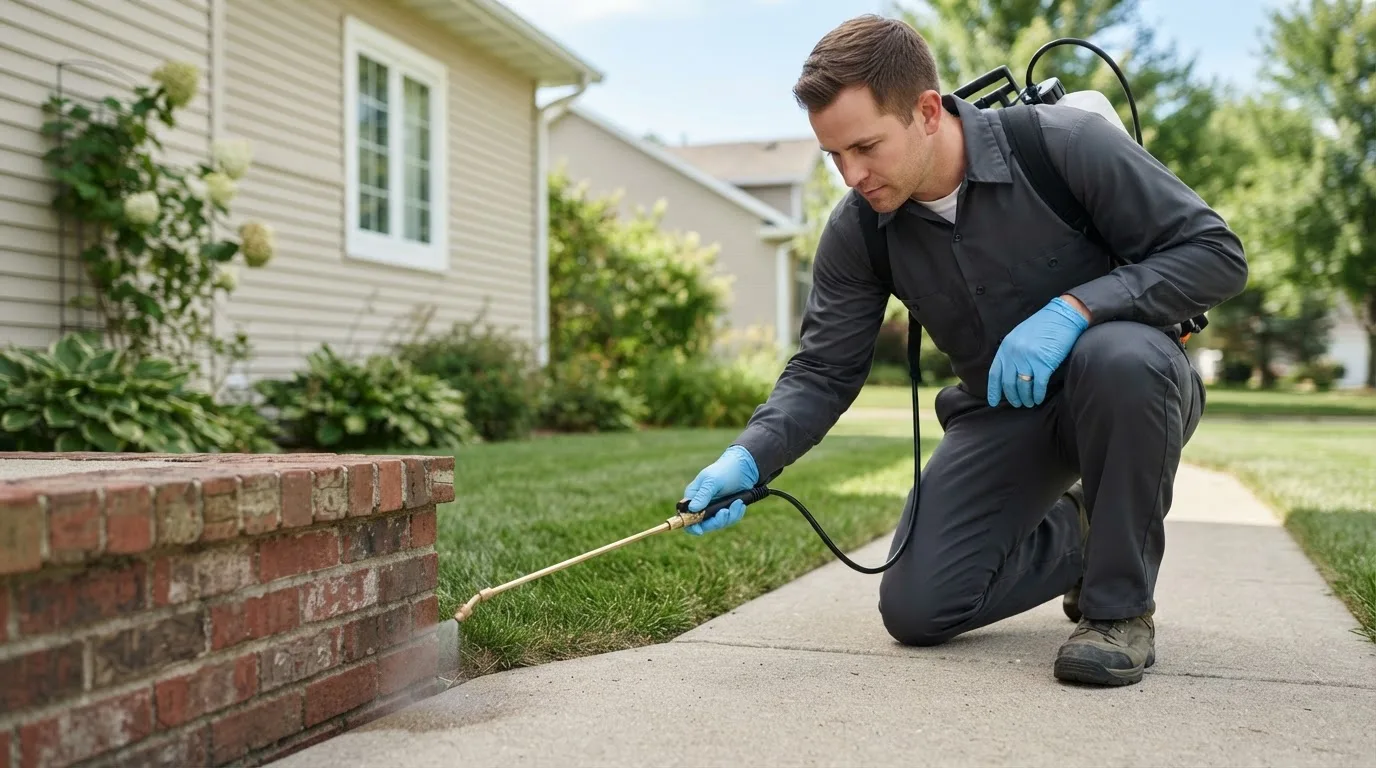 Pest control technician treating a home near East Moline, IL