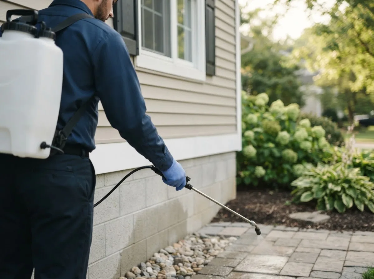 Pest control technician inspecting a home in East Moline, IL